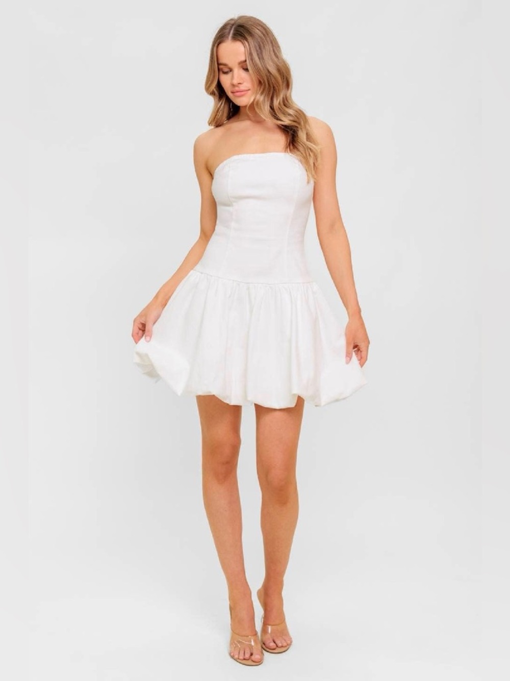 Strapless White Mini Dress Drop Waist Flowy Summer Bridal Graduation